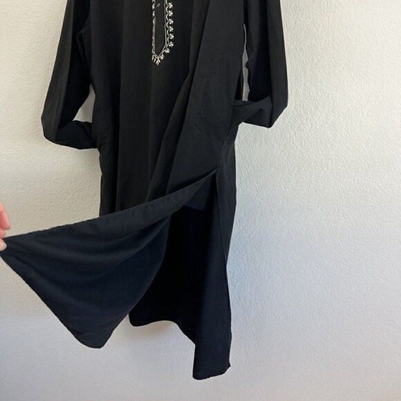 Womens Black Oversized Boho Tunic Top Long Sleeve White Floral Embroidered - Picture 7 of 11